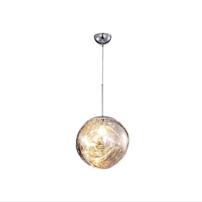 Enoch Pendant Lamp - Chrome - 2 - Modern pendant light fixture, sleek design, reflective surface, golden hue, industrial