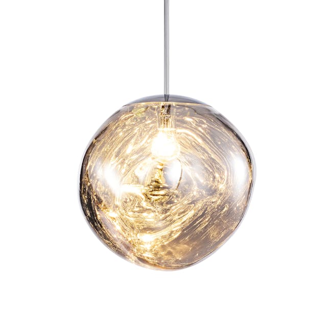 Enoch Pendant Lamp - Chrome - 2 - Modern pendant light, glowing bulb, abstract design, reflective surface, golden hue