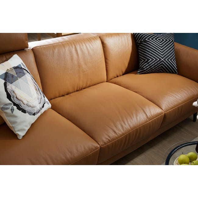Theo 3 Seater Sofa - Tan (Genuine Cowhide + Faux Leather, Adjustable Headrest) - 8