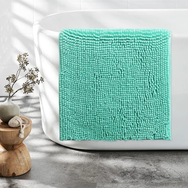 Cora Chenille Bath Mat - Mint Green - 2 - Turquoise textured bath towel, modern bathroom setting, natural light streaming