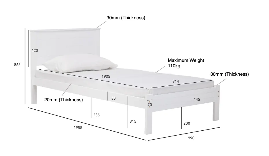 Barrett Single Bed - Dark Chestnut - 9 - White bed frame with adjustable height, Adjustable height mattress support, 30mm