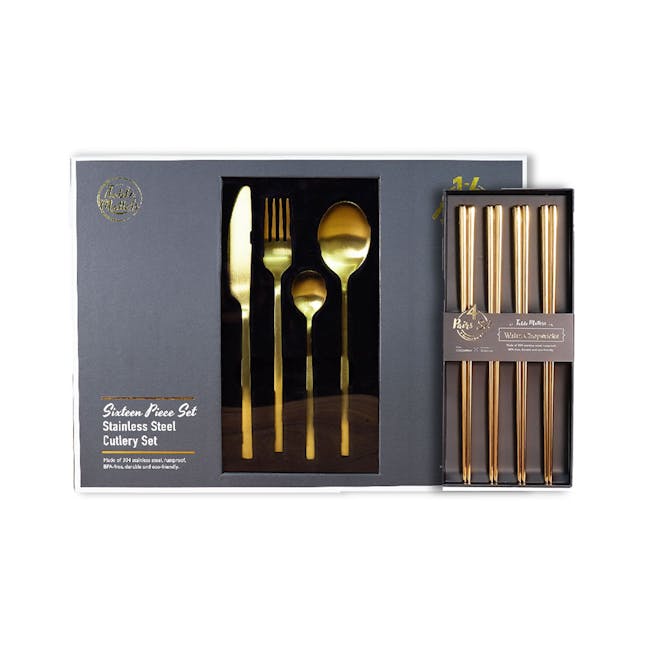 Table Matters Cubic 16pc Cutlery Set with Waltz Chopstick (Set of 4) - Gold - 0