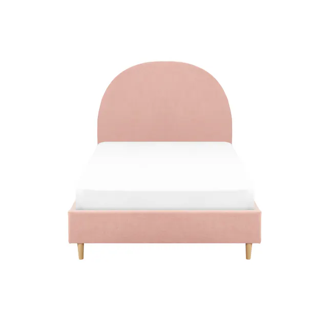 Aspen Single Bed - Blush - 1 - Soft pink upholstered headboard, white neatly pressed bedspread, minimalist bedside table
