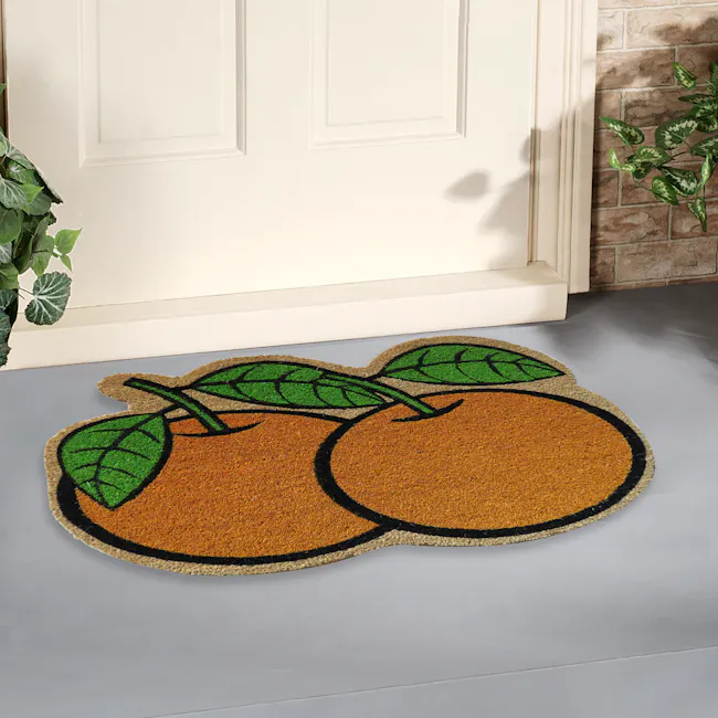 Mandarin Oranges Coir Door Mat - 3 - door, doormat, potted plant, green leaves, orange fruit, textured surface, brown