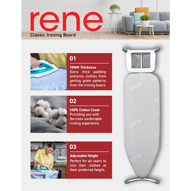 Rene Ironing Board Classic (3 Sizes) - Small: 95 x 32cm - 5 - Classic Ironing Board, 100mm Thickness, Extra Thick Padding