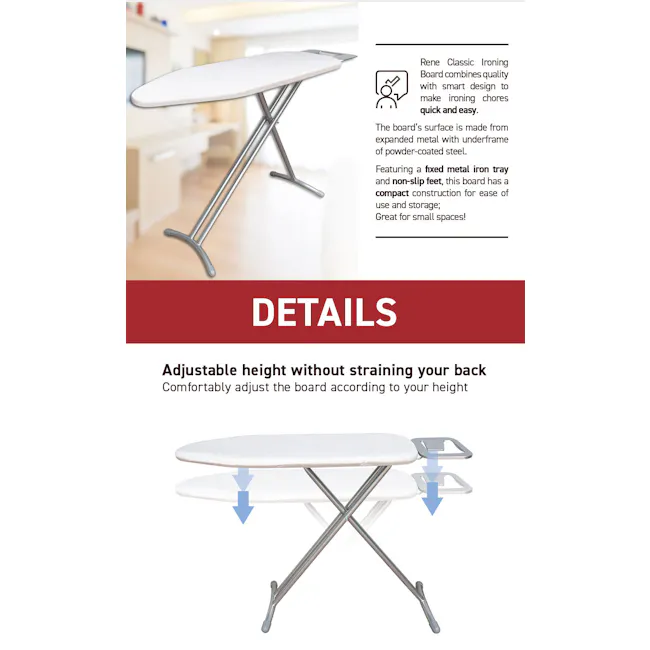 Rene Ironing Board Classic (3 Sizes) - Small: 95 x 32cm - 6 - Adjustable height ironing board, versatile design, compact
