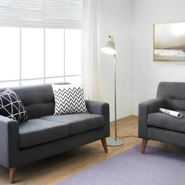 Thora Floor Lamp - White - 2 - Modern living room, gray sofa, geometric pattern, abstract art, floor lamp, minimalist decor