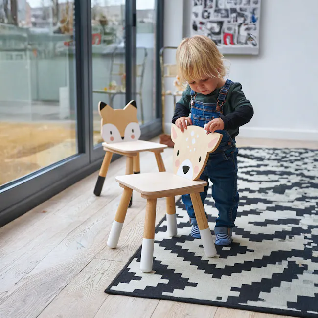 Tender Leaf Forest Chair Set of 2 - Racoon & Deer - 7 - Fur-trimmed wooden chairs, child in blue overalls, wooden stools