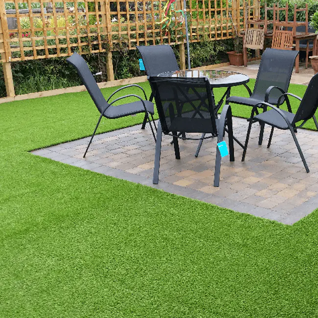 Patio Grass Carpet - 3 - Outdoor patio furniture set with black chairs and table, Green artificial grass area with black