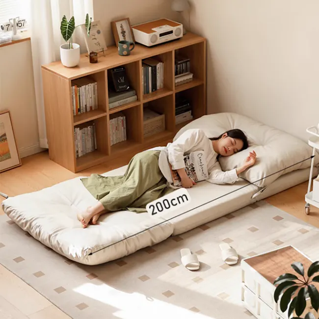 Jesse Sofa Bed - Cream Corduroy - 2 - 200cm cushion, cozy bed, woman sleeping, modern furniture, minimalist decor, natural
