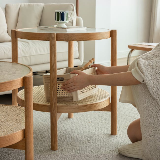 Lilian Rattan Coffee Table - Natural (Glass Tabletop) - 4 - Wooden chair, beige sofa, round wooden table, wooden footstool