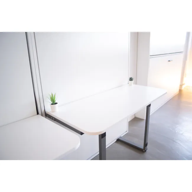 Llyod Super Single Vertical Wall Bed with Desk - White - 7 - Minimalist desk, modern furniture, white color scheme, sleek