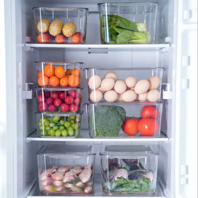 Luca Multi-Purpose Storage Box with Lid - Medium - 2 - Organized fridge with various fresh produce, including oranges