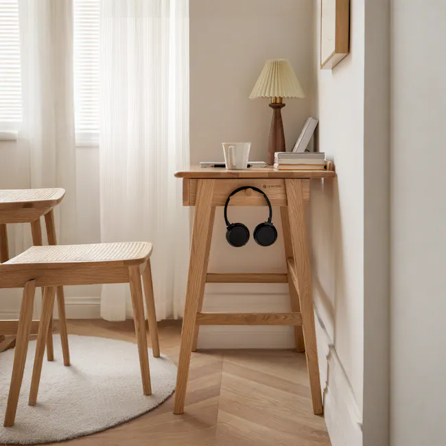 Chase Study Table 1m - 4 - Wooden desk, beige lamp, white cup, wooden chair, wooden floor, wooden shelf, wooden legs, wooden