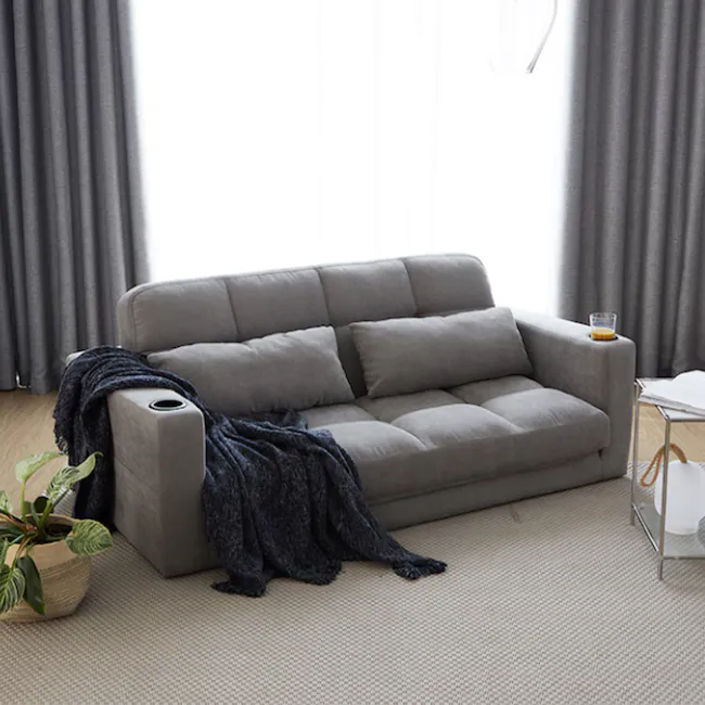 Holmes 3 Seater Sofa Bed - Grey (Eco Clean Fabric) - 5 - Grey sofa, modern living room, cozy atmosphere, soft lighting