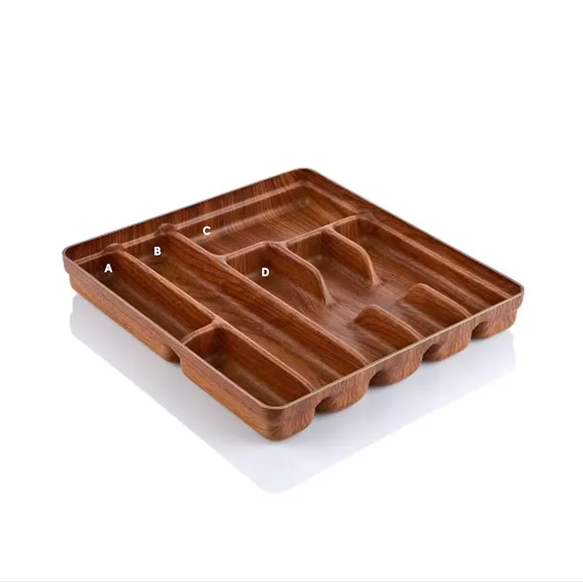 Evelin 7 Spice Cutlery Tray - 5 - Wooden tray with multiple compartments, labeled A, B, C, D, and E, designed for food