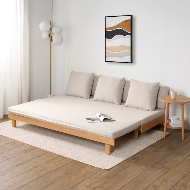Reese 3 Seater Sofa Bed - Oak, Off White - 3 - Minimalist living room, modern furniture, neutral color palette, cozy sofa