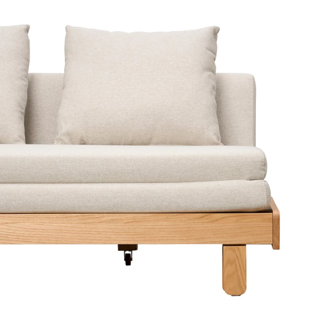 Reese 3 Seater Sofa Bed - Oak, Off White - 18 - Light beige sofa, beige cushions, wooden coffee table, minimalist decor