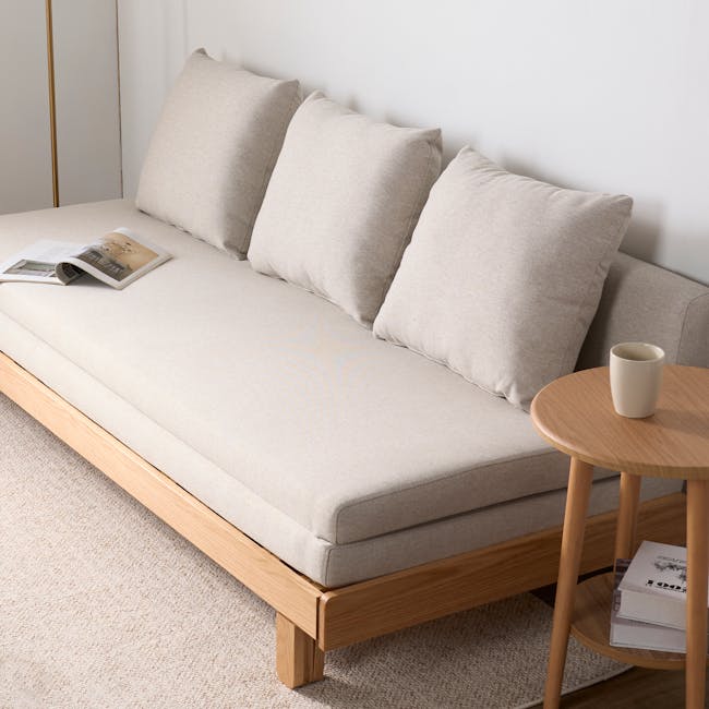Reese 3 Seater Sofa Bed - Oak, Off White - 8 - Light beige sofa, minimalist decor, soft cushions, wooden legs, light-colored