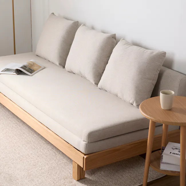 Reese 3 Seater Sofa Bed - Oak, Off White - 8 - Light beige sofa, minimalist decor, soft cushions, wooden legs, light-colored