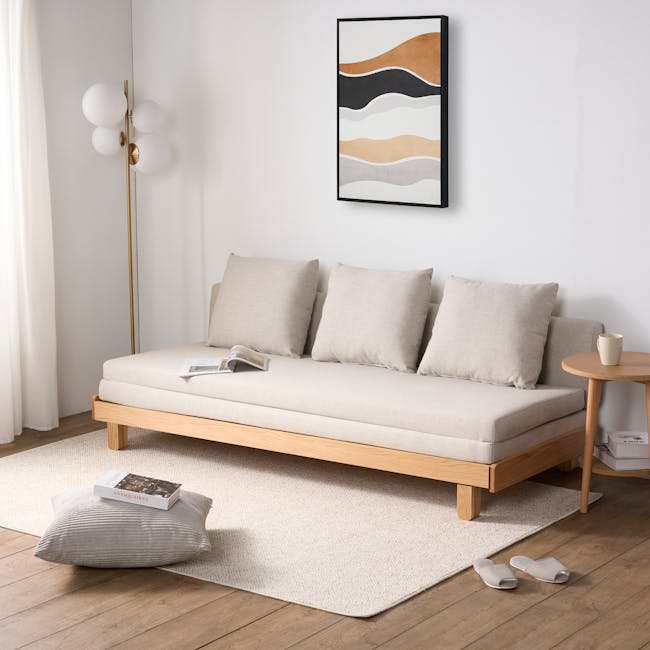 Reese 3 Seater Sofa Bed - Oak, Off White - 9 - Minimalist living room, modern decor, neutral color palette, white walls