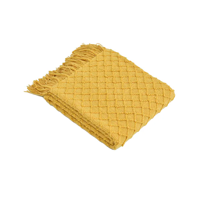Hanako Knitted Throw - Mustard - 1 - Yellow textured blanket, fringed edge, woven pattern, cozy throw, soft fabric
