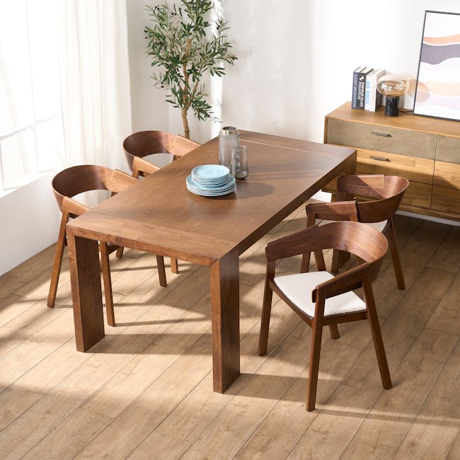 Clarkson Dining Table 1.8m in Cocoa with 4 Tristen Chairs in Walnut, White (Fabric) - 5
