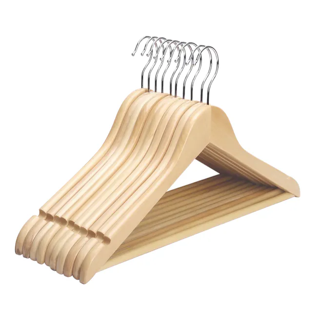 Wooden Hanger - Natural - 4 - Wooden hanger with multiple hooks, light beige finish, ergonomic design, metal loop for