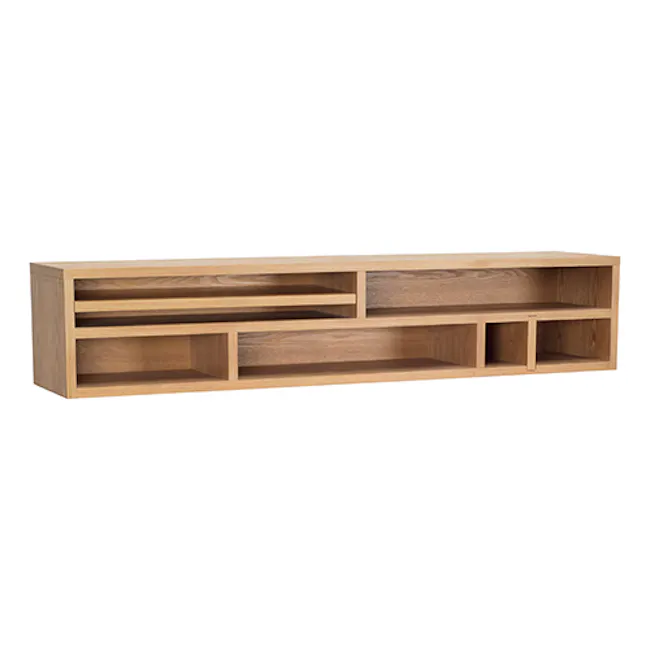 Ezra Wall Storage Unit - Natural - 1 - Wooden shelf with multiple compartments, minimalist design, open shelving, floating