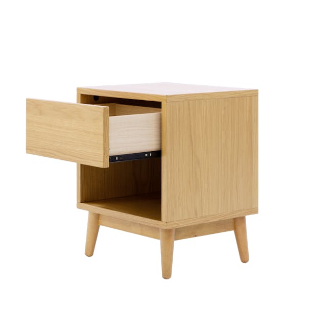 Cassius 2 Drawer Queen Bed in Oak, Tin Grey with 2 Kyoto Top Drawer Bedside Tables in Oak - 16