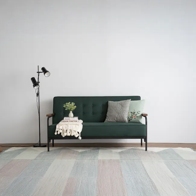 Daryl 3 Seater Sofa - Kale - 3 - Green upholstered sofa, minimalist decor, black floor lamp, white and green throw blanket