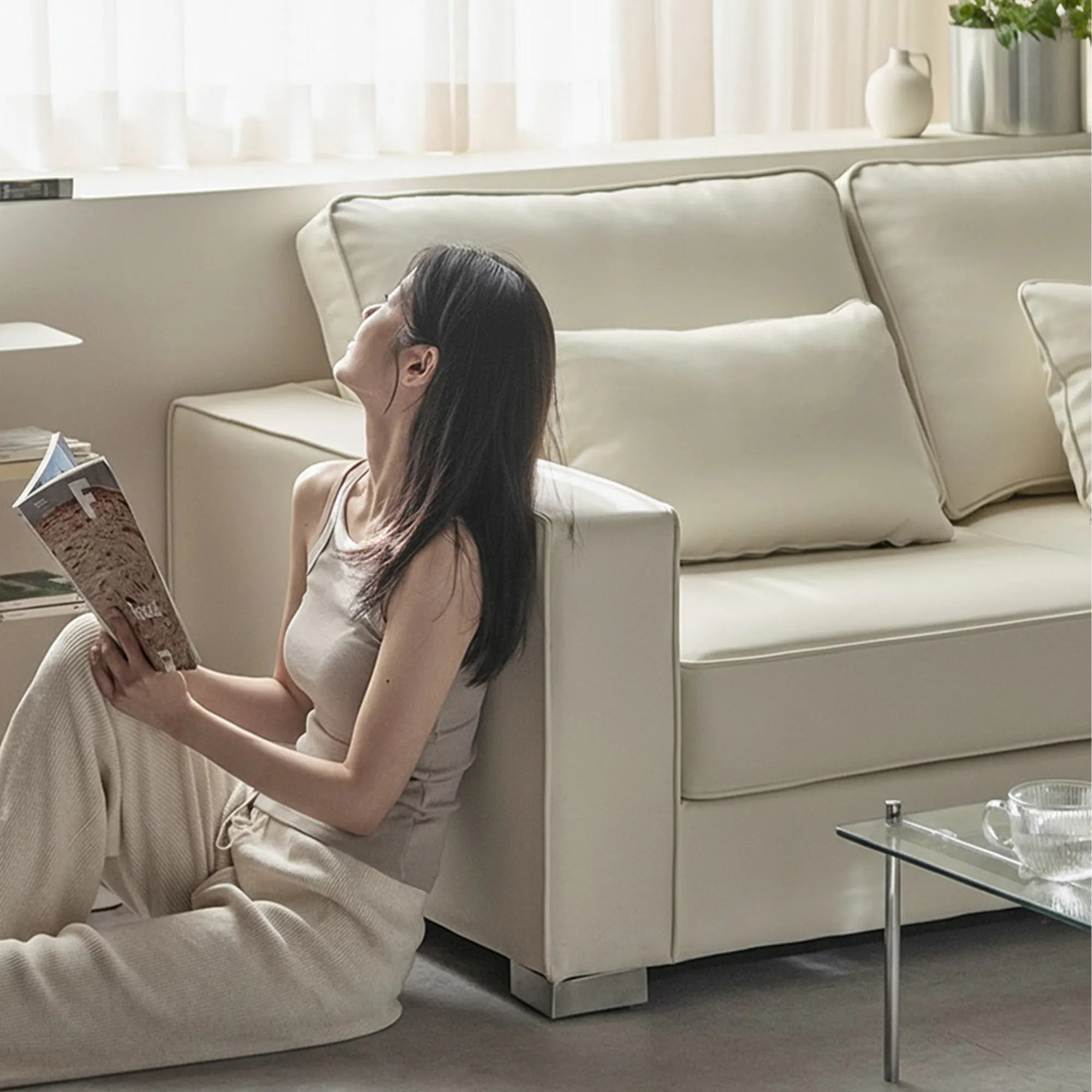 Paris 3 Seater Sofa with Ottoman - Ivory (Faux Leather) - 11