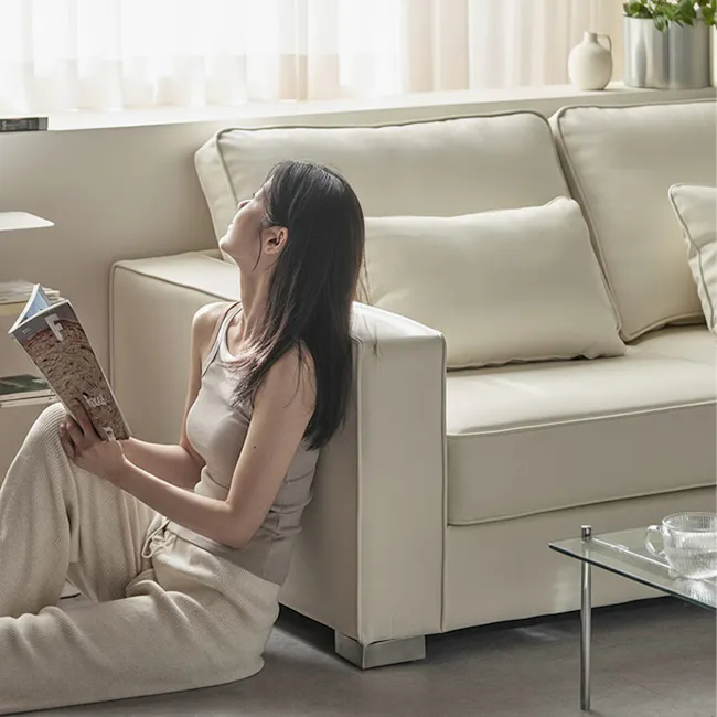 Paris 3 Seater Sofa with Ottoman - Ivory (Faux Leather) - 11