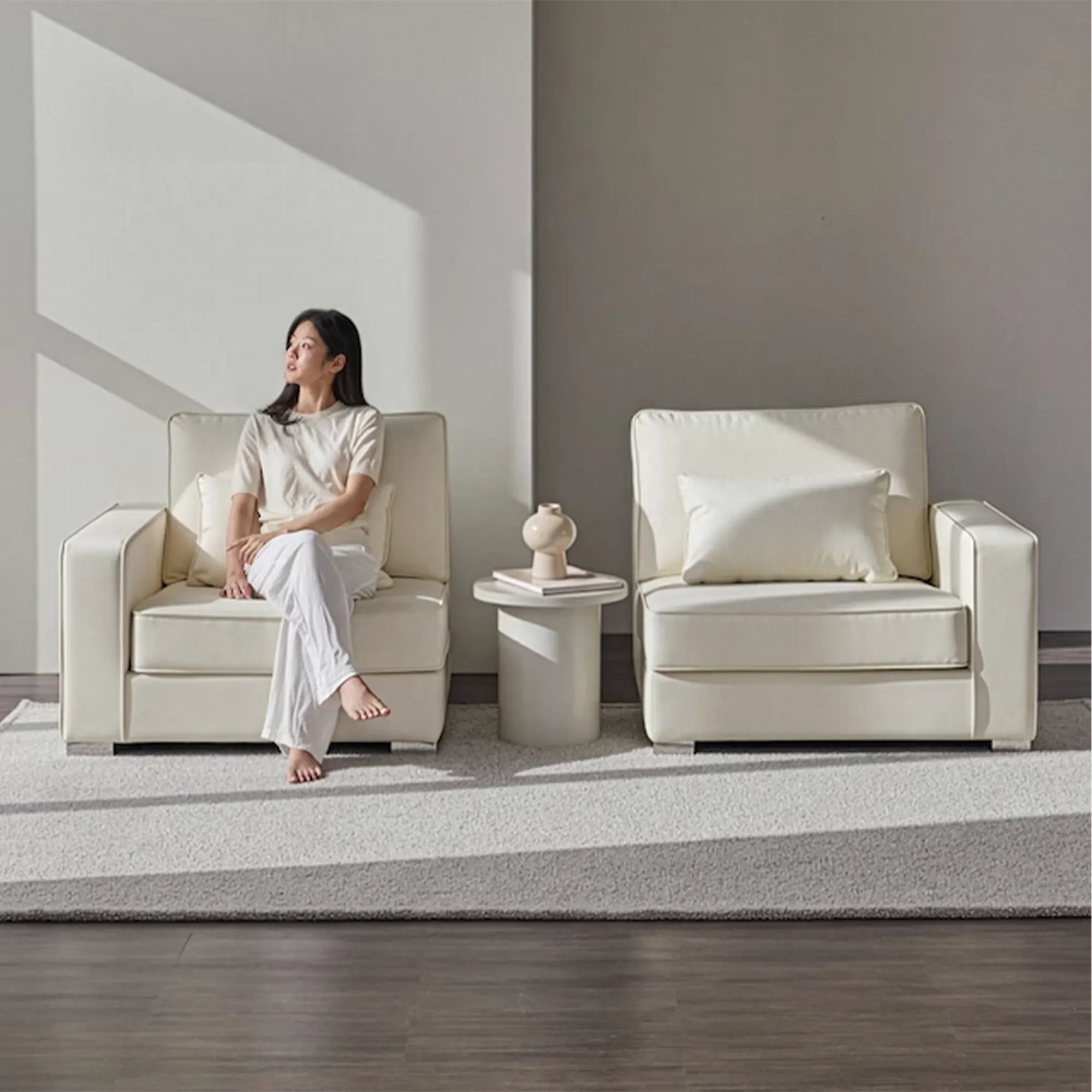 Paris 3 Seater Sofa with Ottoman - Ivory (Faux Leather) - 13