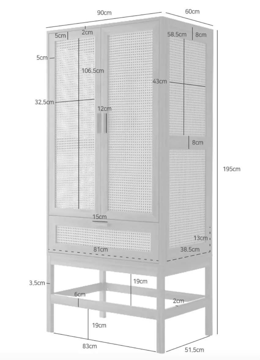 Belig 2 Door Rattan Wardrobe with 1 Drawer - 16 - Compact shelving unit with perforated design, Adjustable height with