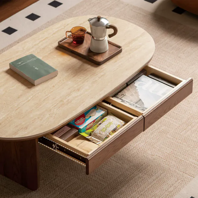 Amie Drawer Coffee Table 1.05m - Walnut, Travertine (Sintered Stone) - 5
