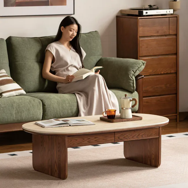 Amie Drawer Coffee Table 1.05m - Walnut, Travertine (Sintered Stone) - 3