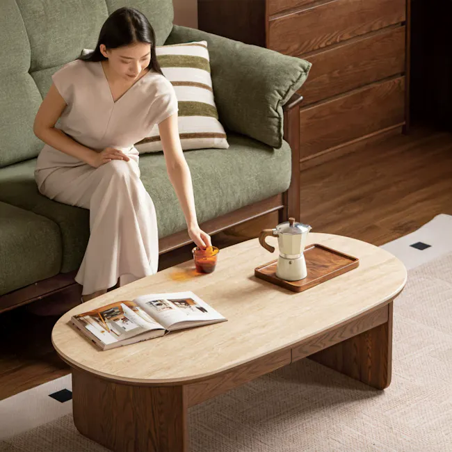 Amie Drawer Coffee Table 1.05m - Walnut, Travertine (Sintered Stone) - 2