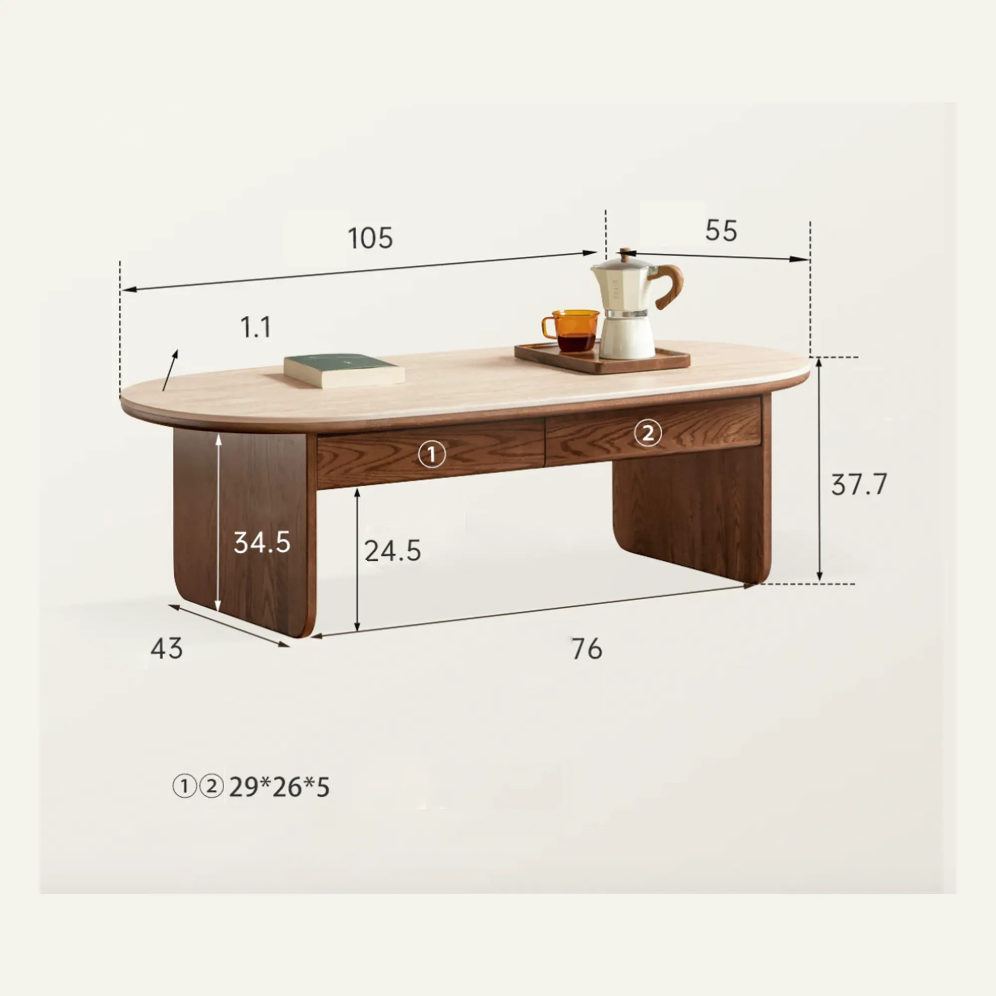 Amie Drawer Coffee Table 1.05m - Walnut, Travertine (Sintered Stone) - 14