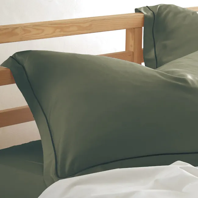 Ettitude Bamboo 5-pc Full Bedding Set - Mosstone (4 Sizes) - 3 - Green fabric bedding, wooden bed frame, soft pillow, white