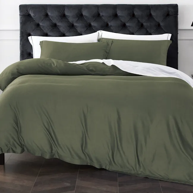 Ettitude Bamboo 5-pc Full Bedding Set - Mosstone (4 Sizes) - 1 - Elegant tufted black headboard, olive green comforter