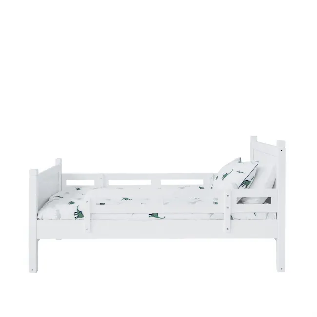 Tommy Modular Single Bed - 3 - White bunk bed with green dinosaur print, minimalist design, modern aesthetic, child-friendly