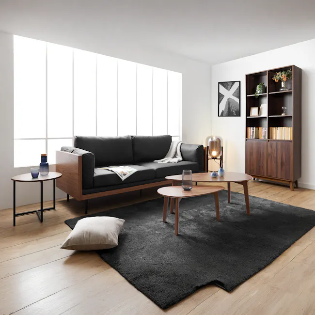 Bentley 3 Seater Sofa - Jet Black (Faux Leather) - 6 - Modern living room, minimalist design, cozy atmosphere, large window