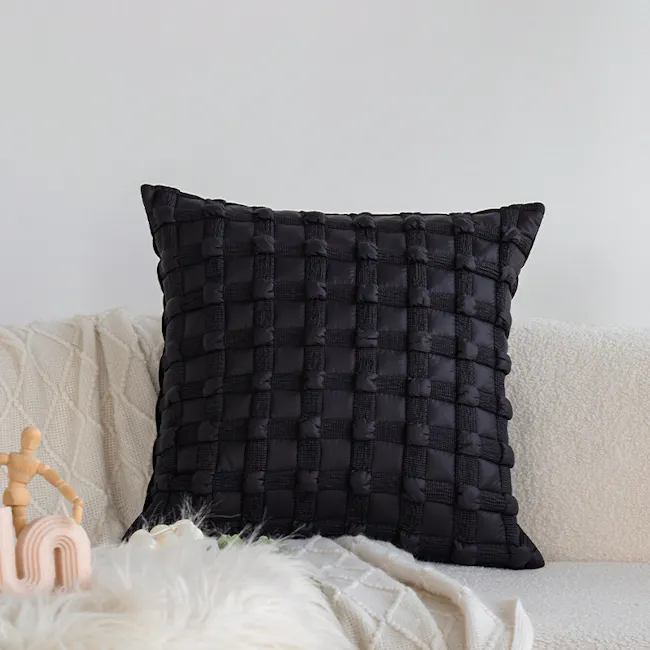 Dainie Textured Puffed Grid Cushion Cover - Black - 4 - black quilted pillow, textured fabric, cozy throw, modern decor
