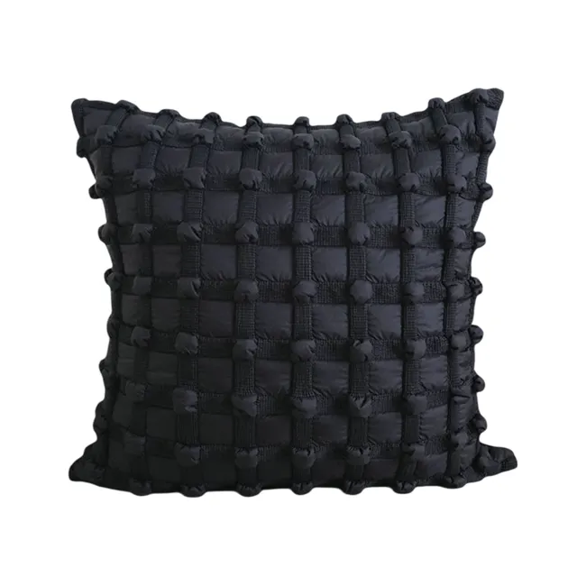 Dainie Textured Puffed Grid Cushion - Black - 1 - Dark gray quilted pillow with textured fabric, Elegant quilted pillow with