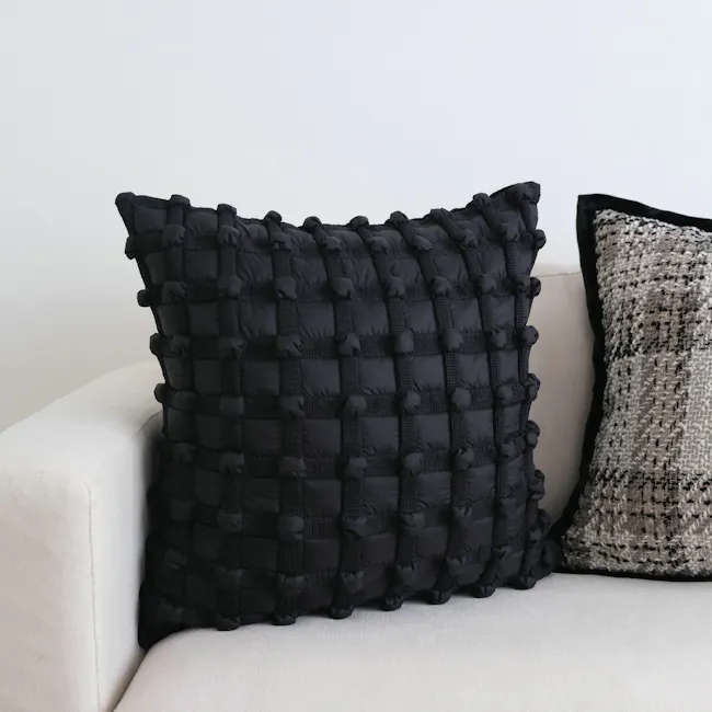 Dainie Textured Puffed Grid Cushion - Black - 2 - black textured pillow, black quilted pillow, black and white patterned