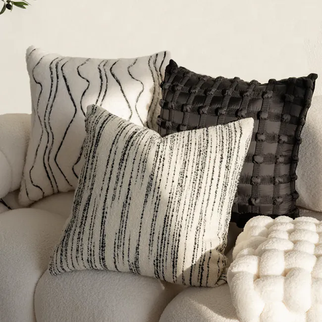 Dainie Textured Puffed Grid Cushion - Black - 3 - White and black striped pillow, textured fabric, cozy seating, modern