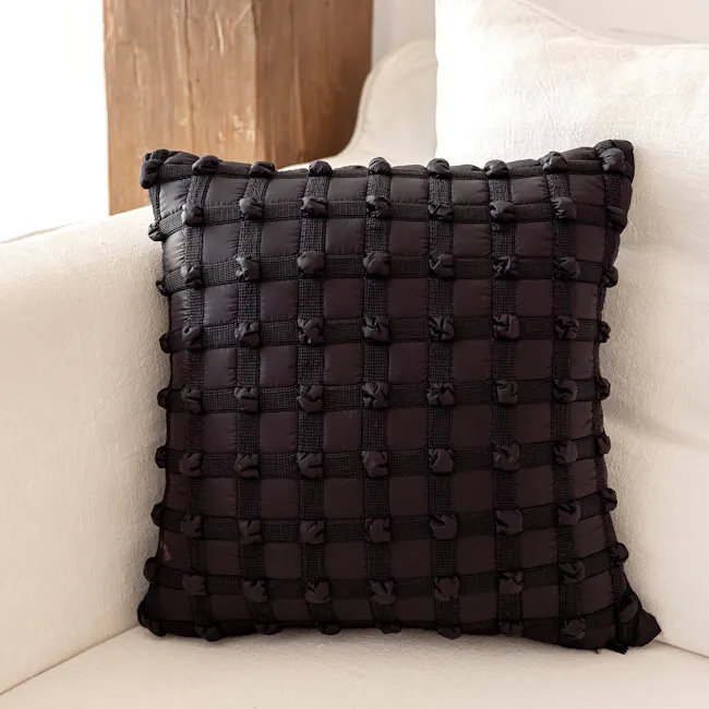 Dainie Textured Puffed Grid Cushion - Black - 5 - Dark, quilted, textured, black, decorative, burlap, faux fur, plush