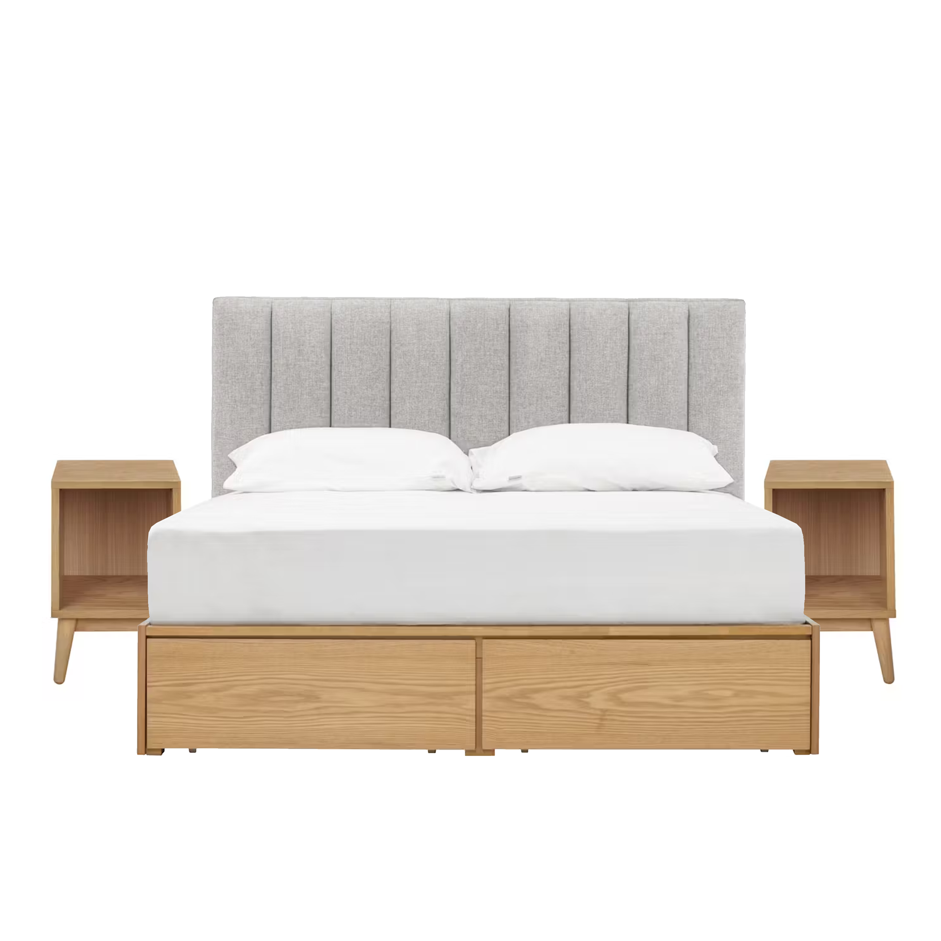 Zephyr 4 Drawer Queen Bed in Oak, Grey Mist with 2 Kyoto Single Shelf Slim Bedside Table in Oak