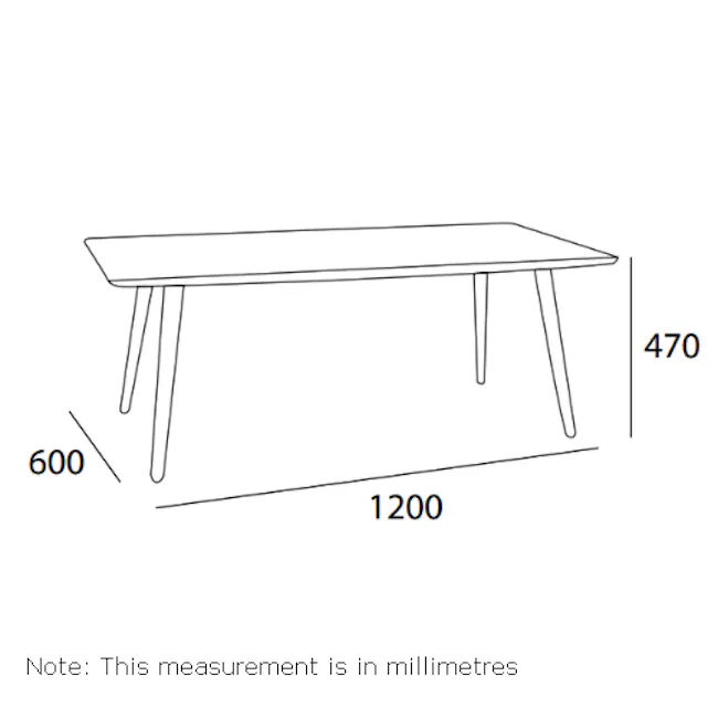 Carsyn Rectangular Coffee Table - Cocoa - 12 - Long rectangular table with four legs, Measuring dimensions in millimeters